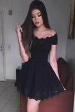 A Line Off the Shoulder Little Black Satin Homecoming Dress with Appliques PDA056 | ballgownbridal