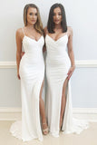 Mermaid Spaghetti Straps Sweep Train White Prom Dress with Split PDA471 | ballgownbridal