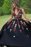A-Line V-Neck Sweep Train Black Prom Dress with Appliques Beading PDA344 | ballgownbridal