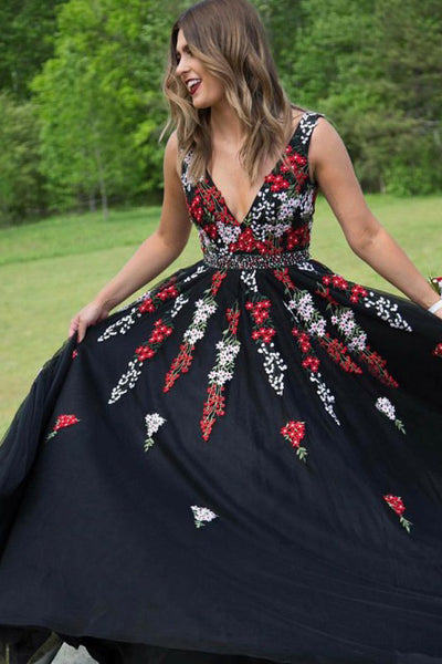 A-Line V-Neck Sweep Train Black Prom Dress with Appliques Beading PDA344 | ballgownbridal
