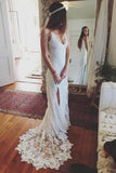 Sheath Spaghetti Straps Sweep Train Split-Side Backless Ivory Lace Wedding Dress AHC588 | ballgownbridal