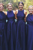 A-Line Jewel Floor-Length Navy Blue Sleeveless Satin Bridesmaid Dress AHC632 | ballgownbridal