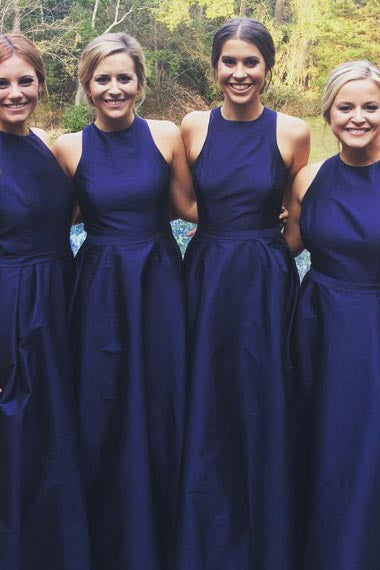 A-Line Jewel Floor-Length Navy Blue Sleeveless Satin Bridesmaid Dress AHC632 | ballgownbridal