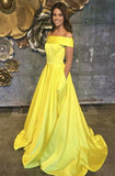 A-Line Off-the-Shoulder Swewep Train Yellow Satin Sleeveless Prom Dress with Pockets LR216