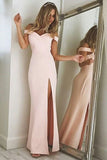 Sheath Off-the-Shoulder Pink Strech Satin Prom Dress with Split PDA464 | ballgownbridal