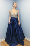 A-Line V-Neck Backless Sweep Train Dark Blue Satin Prom Dress with Beading LR30