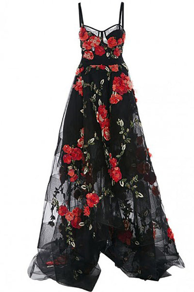 A-Line Spaghetti Straps High Low Court Train Black Tulle Prom Dress with Appliques LR277
