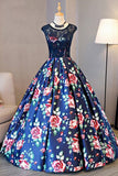 A-Line Crew Sweep Train Royal Blue Printed Satin Open Back Prom Dress with Lace LR269