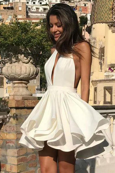 Deep V Neck White Short Homecoming Dresses 2019 Party Dresses PDA140 | ballgownbridal