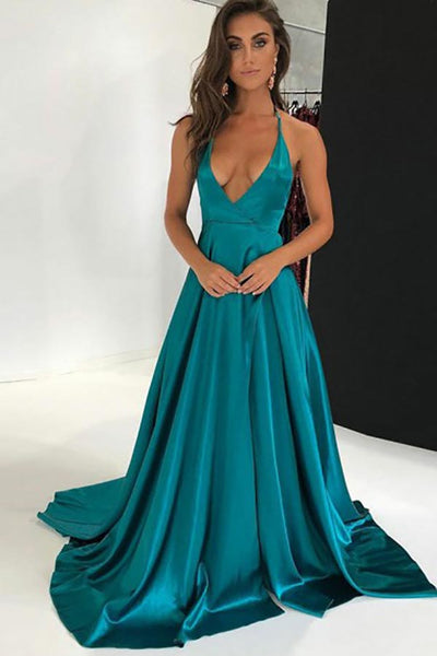 A-Line Deep V-Neck Sweep Train Turquoise Satin Backless Sleeveless Prom Dress LR113