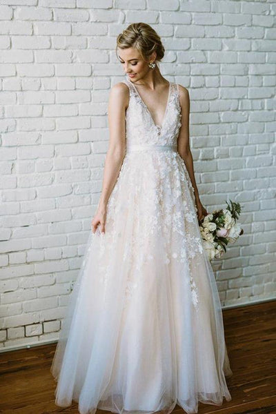Gorgeous V Neck Sleeveless Appliques Floor Length A Line Wedding Dress AHC565