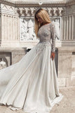 A-Line Bateau Backless Light Grey Prom Dress Long Sleeves Beaded Evening Dress PDA359 | ballgownbridal