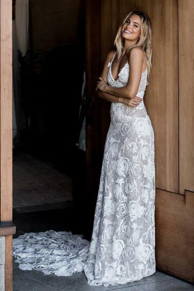A-Line Spaghetti Straps Court Train Ivory Backless Lace Wedding Dress AHC591 | ballgownbridal