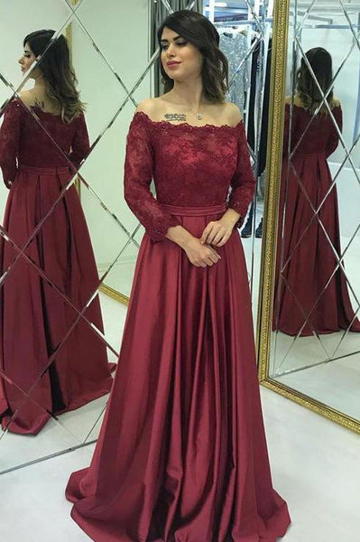 Burgundy Satin Long Sleeve Lace Evening Dress PDA513 | ballgownbridal