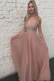 Sparkly Dusty Rose Tulle Beaded Prom Dress Backless V Neck S1