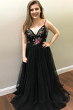 A-Line Spaghetti Straps Sweep Train Black Tulle Sleeveless Prom Dress with Beading LR129