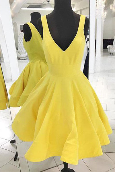 Simple A-Line V-Neck Yellow Satin Short Homecoming Dress ODA011 | ballgownbridal