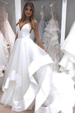 Simple A Line Deep V Neck White Wedding Dresses with Backless PDA048 | ballgownbridal