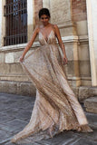 Luxury Spaghetti Straps Sweep Train V Neck Prom Dress with Sequins AHC544