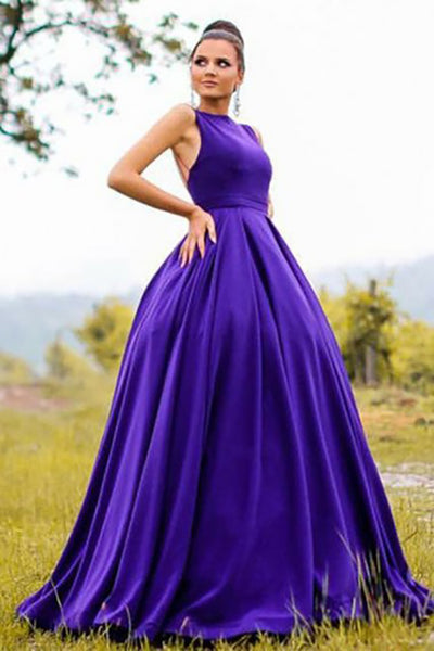 Ball Gown Bateau Sweep Train Grape Satin Backless Prom Dress AHC509 | ballgownbridal