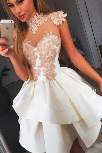 A-Line High Neck Short White Satin Homecoming Dress with Appliques PDA080 | ballgownbridal