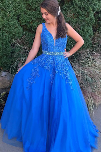 A-Line V-Neck Backless Floor-Length Royal Blue Prom Dress with Appliques Beading PDA367 | ballgownbridal