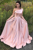 A-Line One Shoulder Pleated Pink Satin Prom Dress with Ruffle PDA466 | ballgownbridal