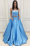 Two Piece Strapless Sweep Train Blue Satin Prom Dress with Pockets AHC539