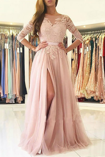 A-Line Bateau Long Sleeves Sweep Train Pink Tulle Prom Dress with Appliques LR431 | ballgownbridal