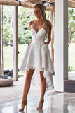 A-Line Spaghetti Straps High Low White Lace Prom Dress with Pockets PDA408 | ballgownbridal