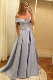 A-Line Off-the-Shoulder Sweep Train Grey Satin Prom Dress with Pockets LR310