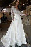 A-Line Deep V-Neck Long Sleeves Sweep Train Ivory Satin Wedding Dress with Lace AHC586 | ballgownbridal