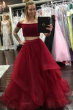 Two Piece Off-the-Shoulder Floor-Length Dark Red Tulle Sleeveless Prom Dress with Ruffles LR233