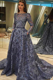 A-Line Bateau Long Sleeves Sweep Train Navy Blue Backless Sequined Prom Dress LR479 | ballgownbridal