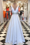 A-Line V-Neck Floor-Length White Satin Prom Dress with Beading LR36