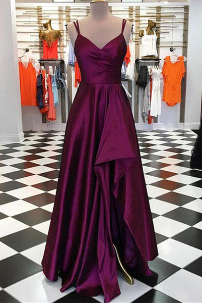 Spaghetti Straps V Neck Purple Satin Long Prom with Ruffles ODA005 | ballgownbridal