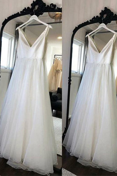 Simple V Neck Beach Wedding Dresses Long White Tulle with Ruffles PDA171 | ballgownbridal