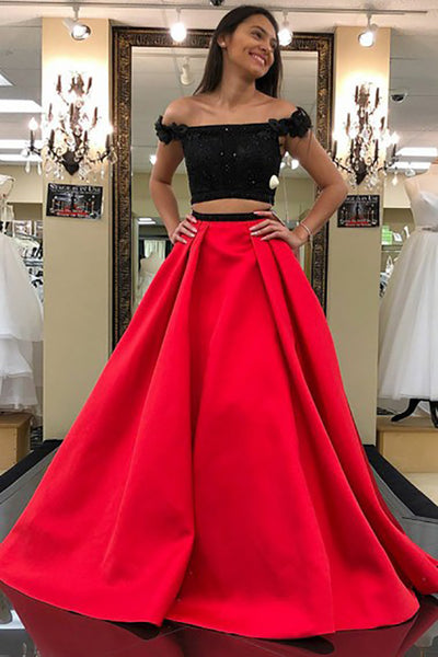 Two Piece Off-the-Shoulder Sweep Train Red Satin Prom Dress with Appliques LR337