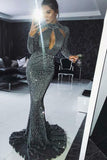 Mermaid Gray Long Prom Dresses with Sleeve High Neck Evening Dresses PDA212 | ballgownbridal