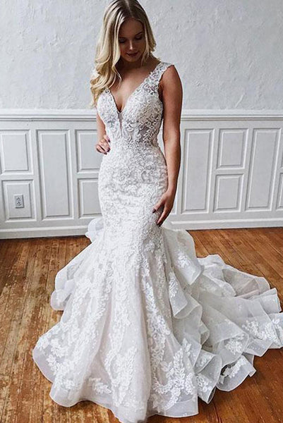 Gorgeous White Mermaid Wedding Dresses V Neck with Appliques PDA023 | ballgownbridal
