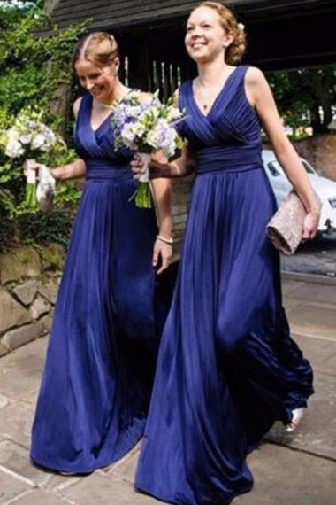 A-Line V-Neck Sleeveless Floor-Length Royal Blue Chiffon Bridesmaid Dress AHC654