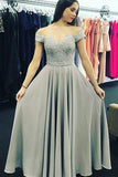 A-Line Off-the-Shoulder Sweep Train Grey Chiffon Prom Dress with Appliques AHC532 | Ballgownbridal