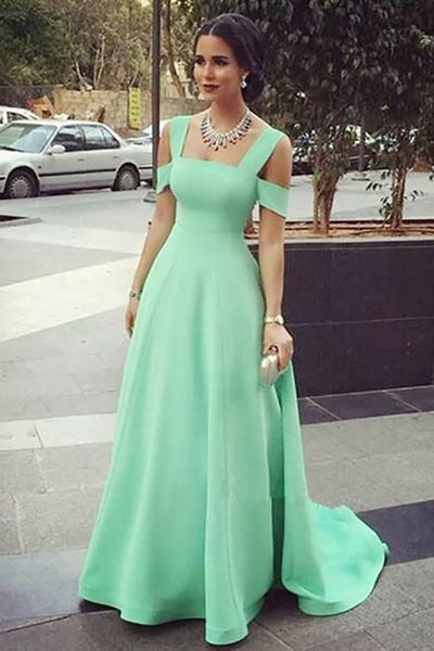 A-Lien Square Cold Shoulder Sweep Train Green Chiffon Sleeveless Prom Dress LR264