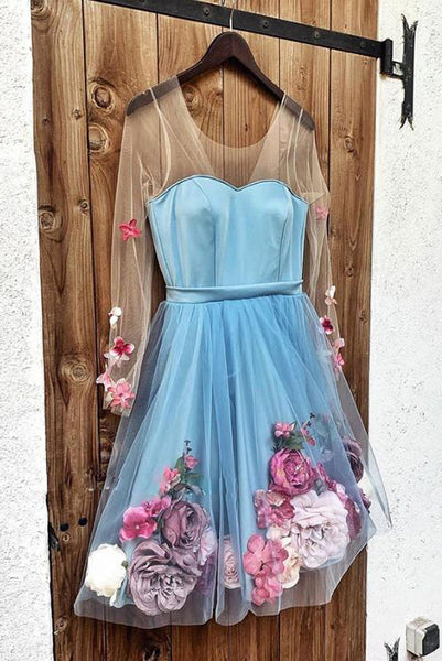 Fashion A Line V Neck Blue Short Homecoming Dresses with Flowers PDA086 | ballgownbridal