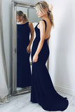 Mermaid Bateau Sweep Train Navy Blue Satin Sleeveless Backless Prom Dress LR322