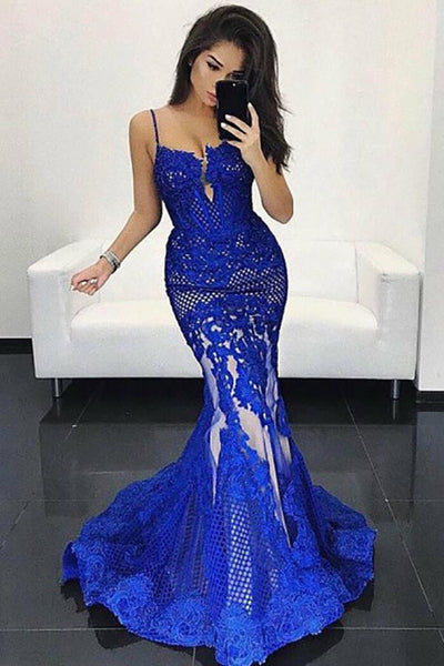 Mermaid Spaghetti Straps Sweep Train Royal Blue Tulle Appliques Prom Dress AHC537 | ballgownbridal