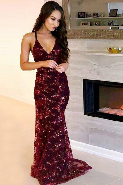 Mermaid Spaghetti Straps Burgundy Prom Dress with Appliques Sequins PDA309 | ballgownbridal