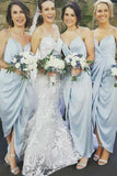 Sheath Spaghetti Straps Ankle-Length Light Blue Satin Bridesmaid Dress AHC623