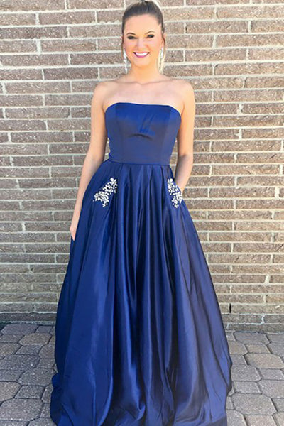 A-Line Strapless Sweep Train Royal Blue Satin Prom Dress with Beading Pockets LR97