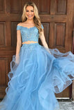 Two Piece Off-the-Shoulder Floor-Length Blue Tulle Prom Dress with Appliques LR423